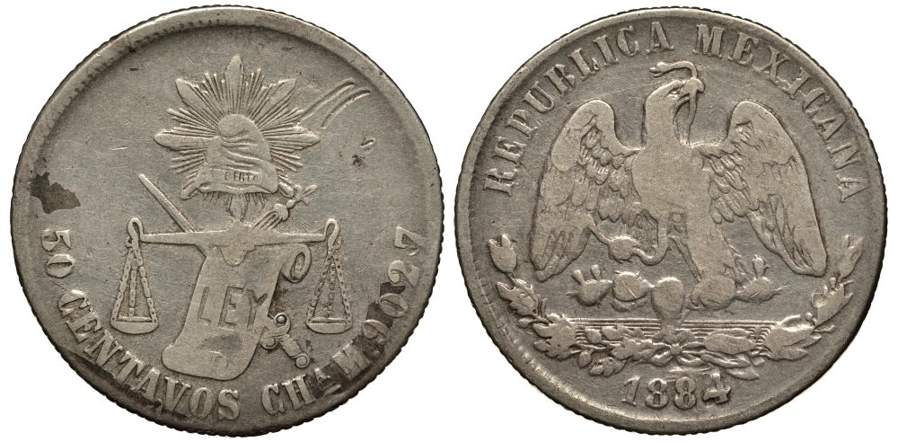 Мексика 50 сентаво 1884 CHa M, штат Чиуауа KM 407.1 серебро 1515-314