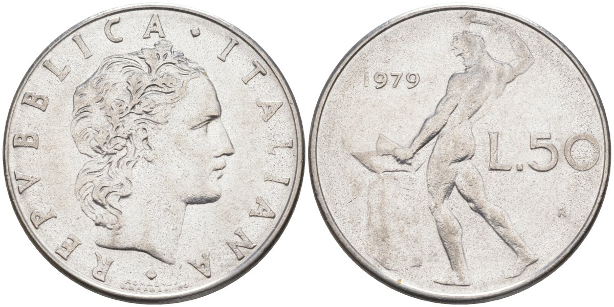 Италия 50 лир 1979 R, Бог огня Вулкан у наковальни KM 95.1 нержавеющая сталь 4525-1017