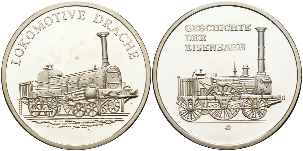 ФРГ медаль ND серия история железной дороги, локомотив "дракон" (lokomotive drache), диаметр 32 мм., серебрение бронза PROOF 1099-2-52