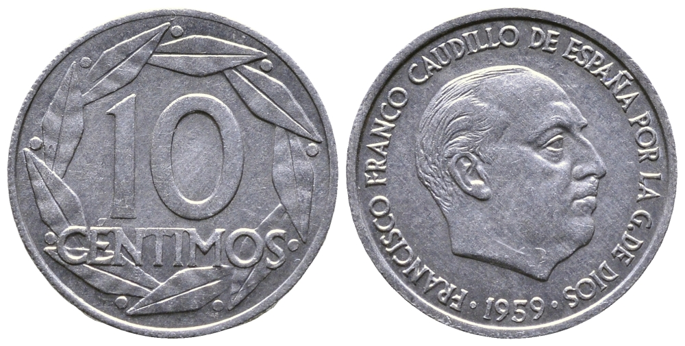 Испания 10 сентимо 1959 Франсиско Франко (1939-1975) KM 790 алюминий 76-1214