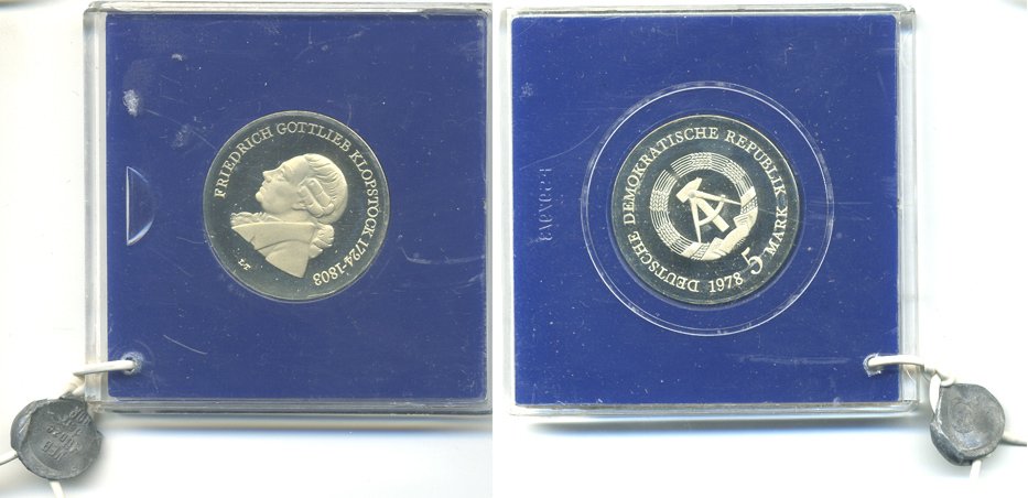 ГДР 5 марок 1978 А, Фридрих Готлиб Клопшток, тираж 4500 экз., в оригинальной упаковке, пломба KM 67 медно-никель PROOF 06-128-21-1