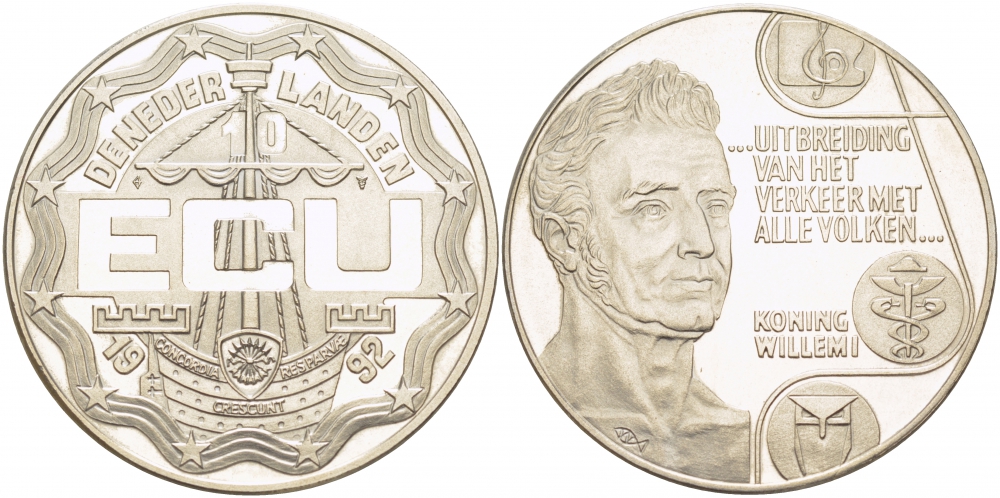 Нидерланды 10 экю 1992 король Виллем I, расширение торговли со всеми странами, диаметр 39 мм, медно-никель UNC 06-271-34