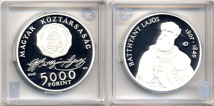 Венгрия 5000 форинтов 2007 200 лет со дня рождения Лайоша Баттьяни KM 799 серебро  PROOF 5-3-1-42