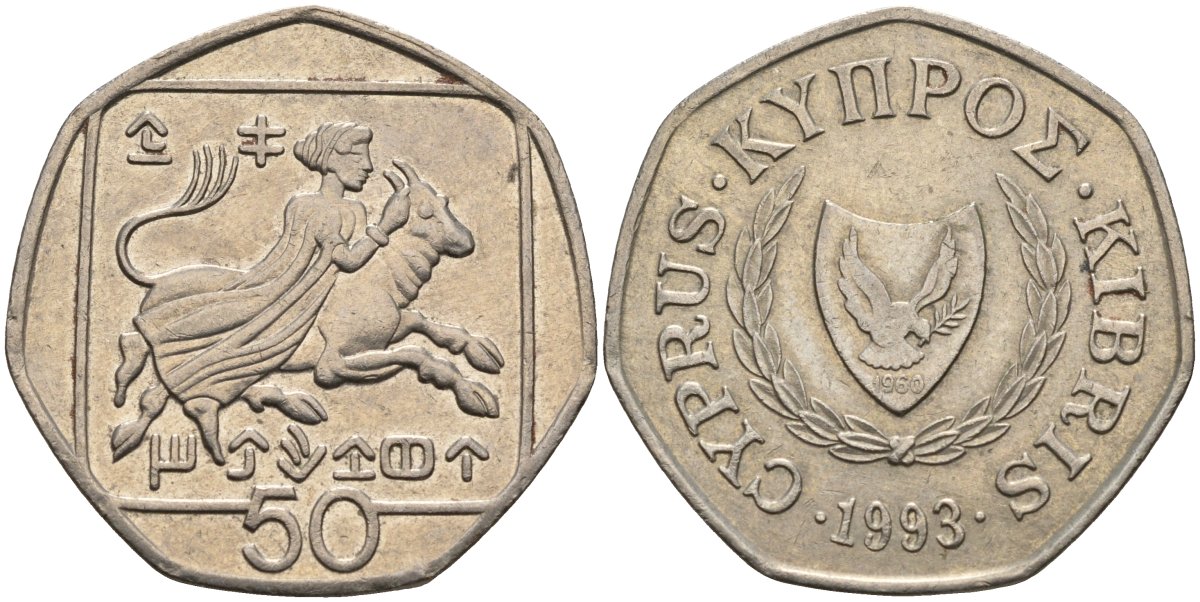Кипр 50 центов 1993 похищение Европы KM 66 медно-никель 4141-1233