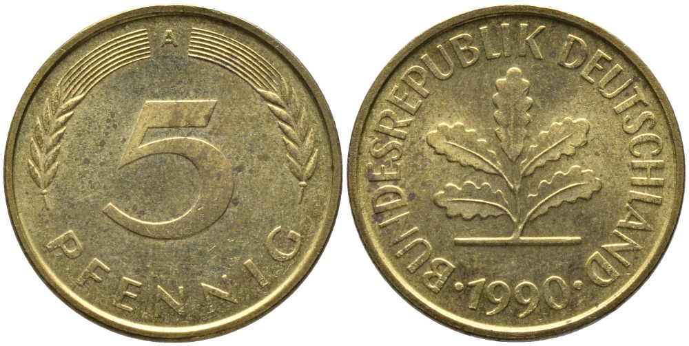 ФРГ 5 ПФЕННИГОВ 1990 A KM 107, J. 382 сталь плакированная латунью UNC 96-1224