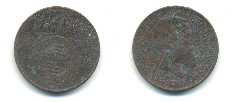 Бразилия 20 рейсов 1869 Педро II (1831-1889) KM 474 бронза 89-1146