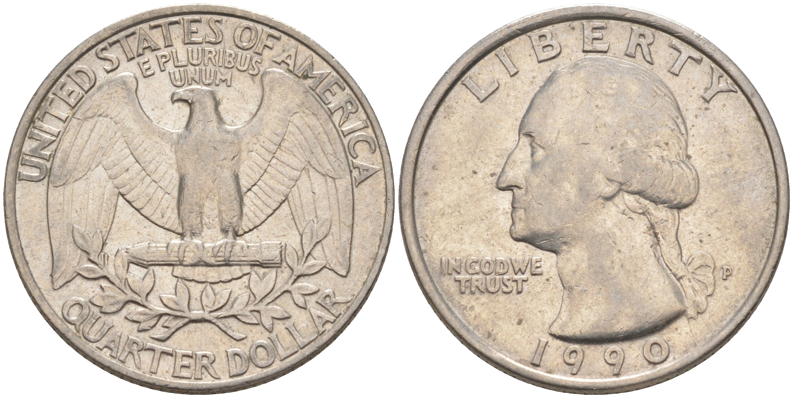 США 25 центов = квотер 1990 P, Вашингтон KM A164a медь плакированная медно-никелем 4114-926