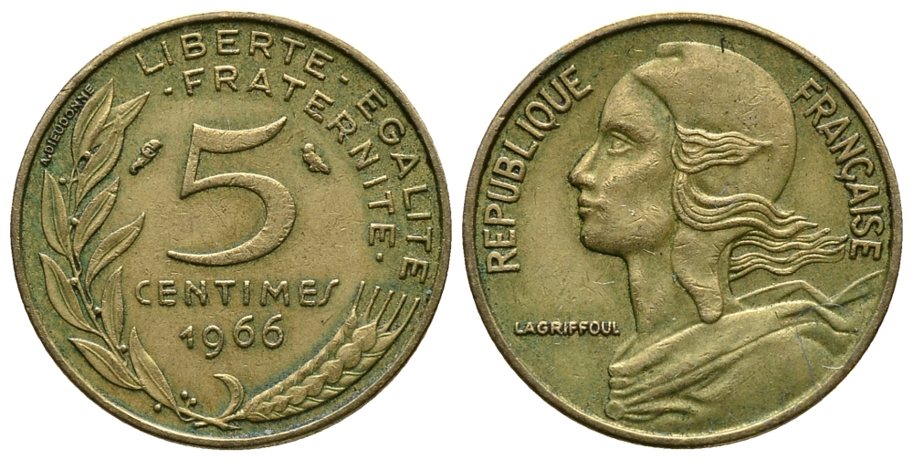 ФРАНЦИЯ 5 САНТИМОВ 1966 ТИП MARIANNE KM 933, LE FRANC 125.2 алюминиевая бронза 54-1026