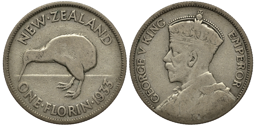 Новая Зеландия 1 флорин 1933 Георг V (1910-1936), птичка киви KM 4 серебро 272-1124