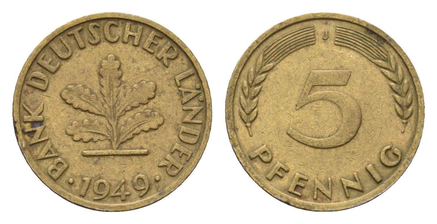 ФРГ 5 пфеннигов 1949 J KM 102, J. 377 сталь плакированная латунью 4685-369