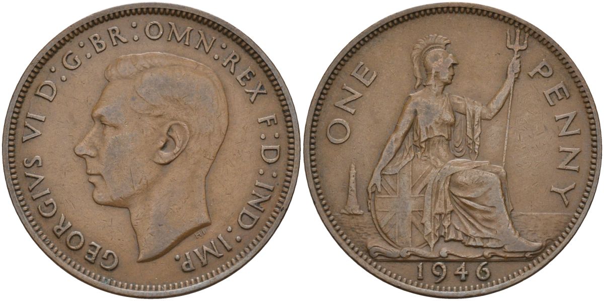 Великобритания 1 пенни 1946 Георг VI (1936-1952) KM 845, Spink 4114 бронза 4117-842