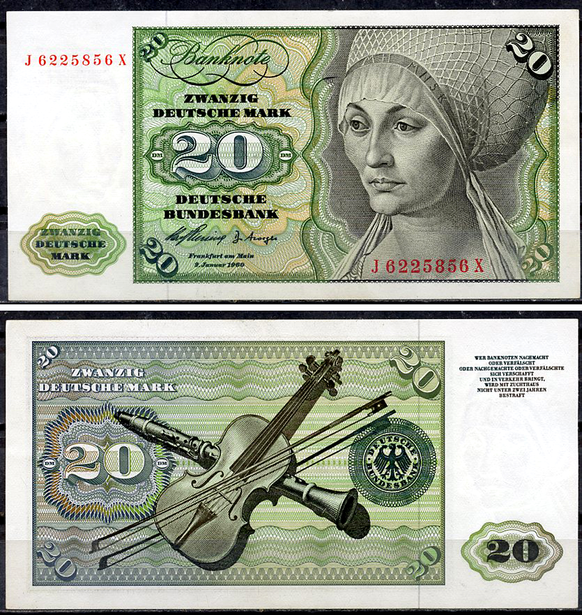 ФРГ 20 марок 1960 Эльсбет Тухер (Альбрехт Дюрер), скрипка, кларнет Pick 20 a  бумага  aUNC 451-916-2