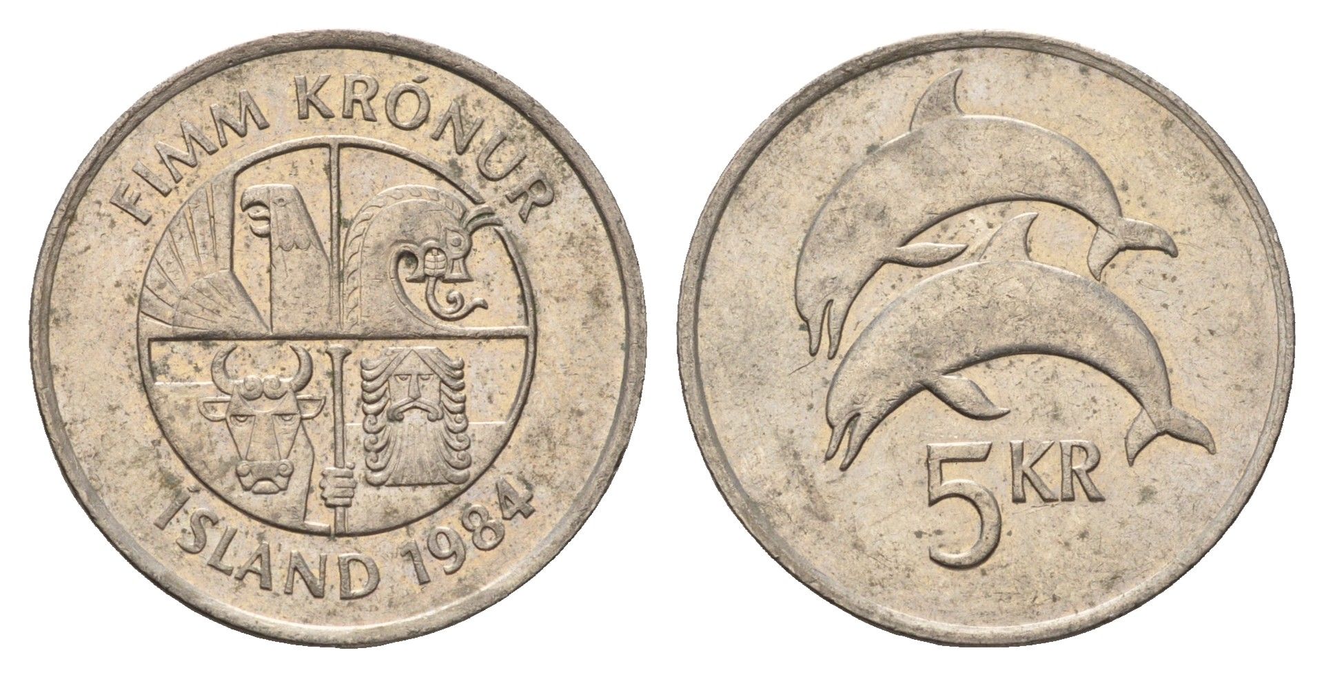 Исландия 5 крон 1984 дельфины KM 28 медно-никель 4591-945
