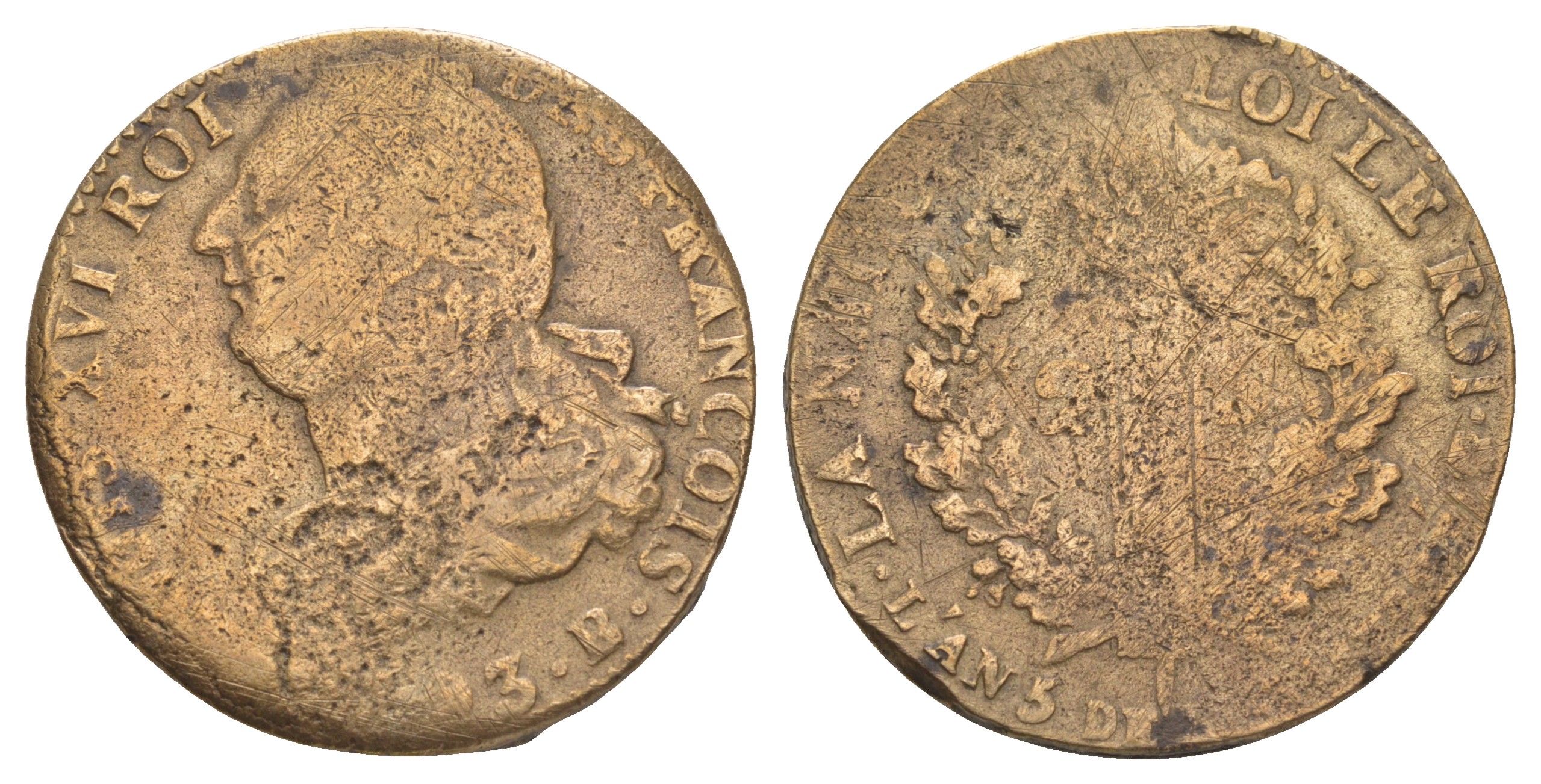 Франция 2 соля 1793 B, Людовик XVI (1774-1792) KM 603.2 бронза 109-735