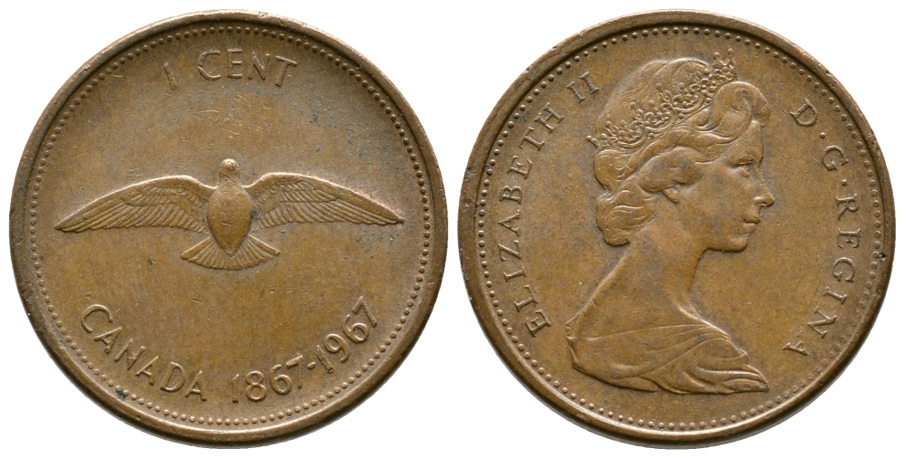 КАНАДА 1 ЦЕНТ 1967 100 ЛЕТ КОНФЕДЕРАЦИИ, ГОД ТИП KM 65 бронза 84-955