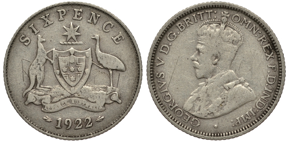 Австралия 6 пенсов 1922 Георг V (1910-1936), герб Австралии KM 25 серебро 272-132
