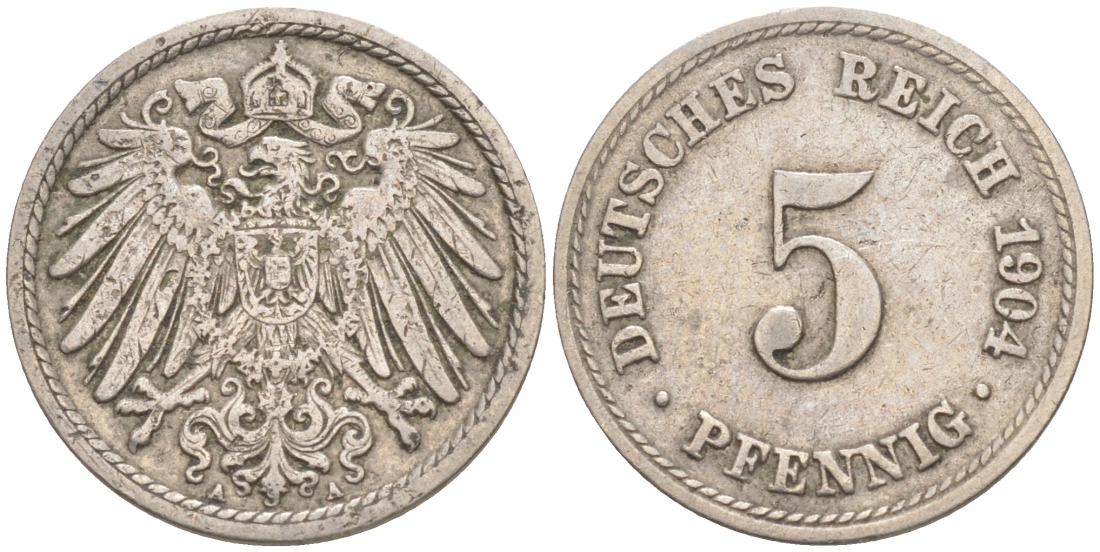 ГЕРМАНИЯ 5 ПФЕННИГОВ 1904 А, KM 11, J. 12 медно-никель 73-1753