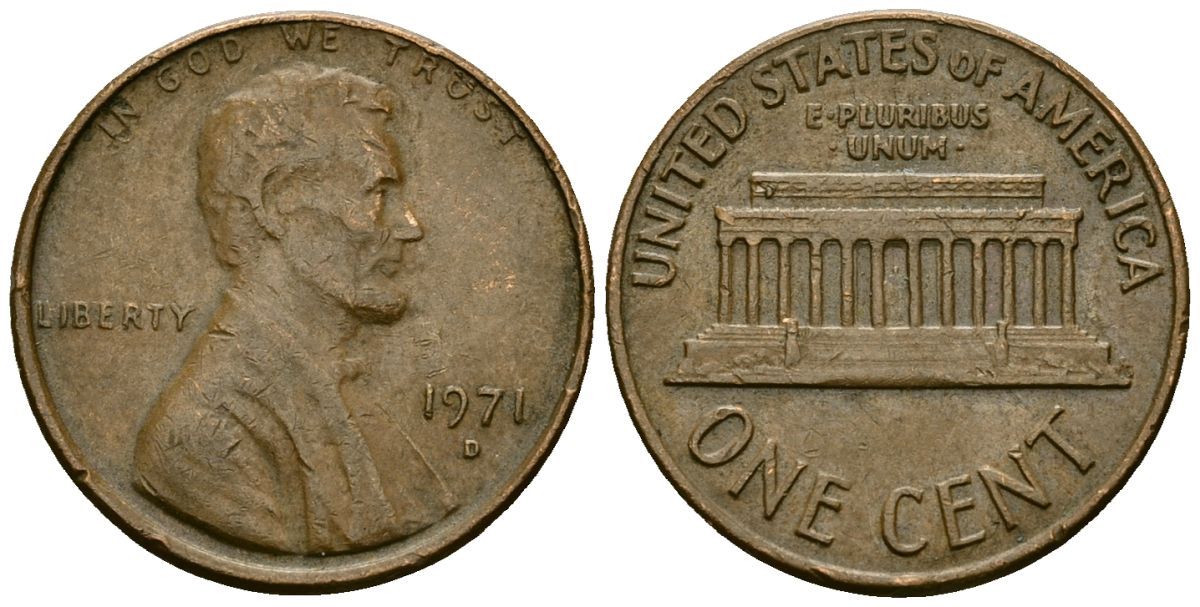 США 1 цент 1971 D, Линкольн KM 201 медь цинк 4136-133