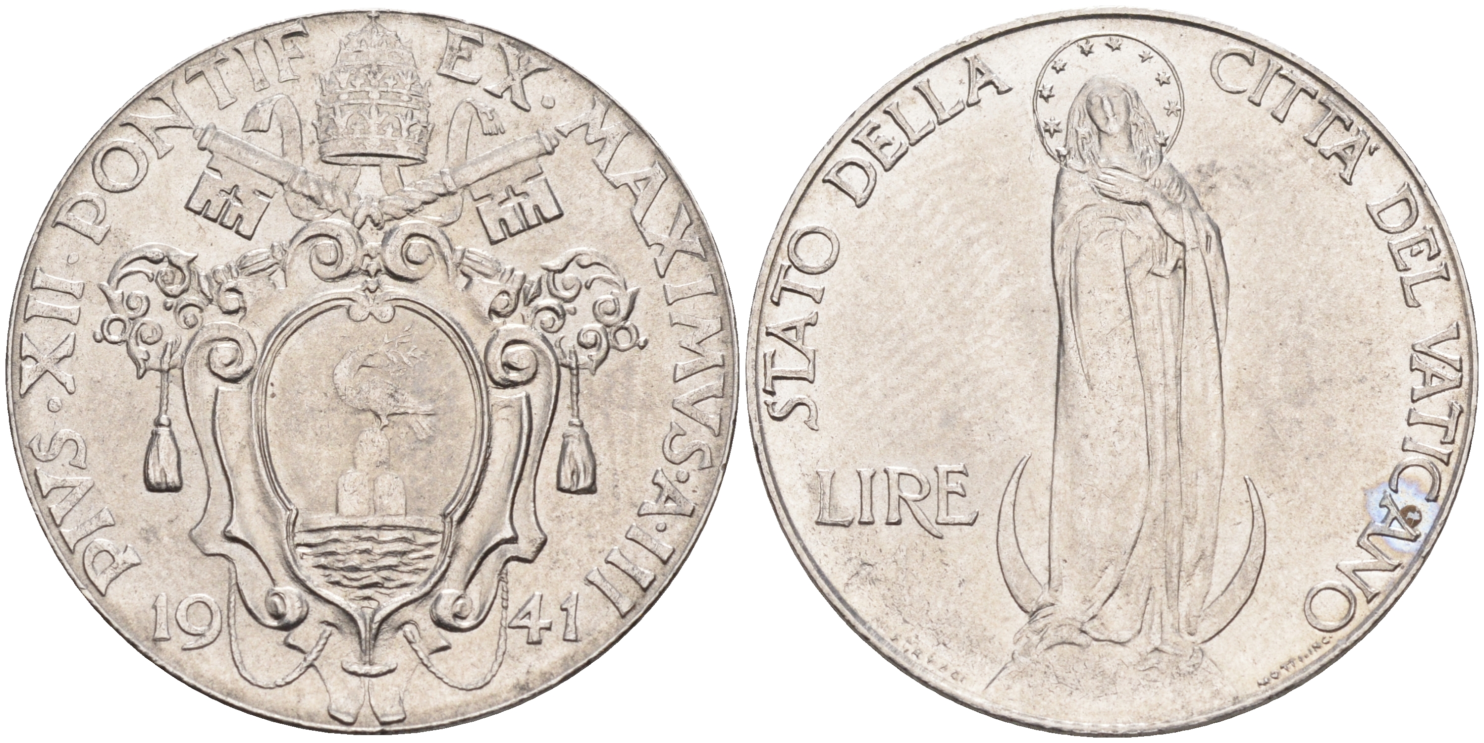 Ватикан 1 лира 1941 Пий XII, Дева Мария KM 26 a сталь UNC 63-1032