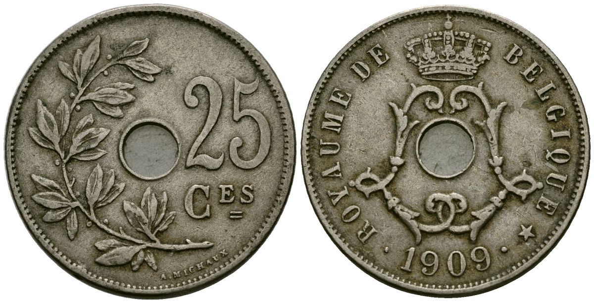 Бельгия 25 сантимов 1909 Belgique KM 62 медно-никель 4168-1145