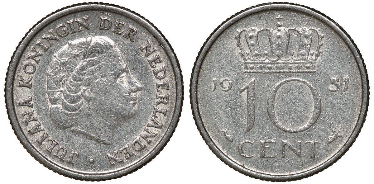 Нидерланды 10 центов 1951 Юлиана (1949-1980) KM 182 никель 72-1711