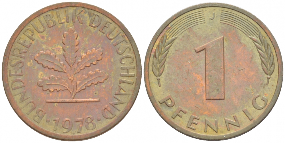 ФРГ 1 ПФЕННИГ 1978 J KM 105 J 380 сталь плакированная медью 3718-225