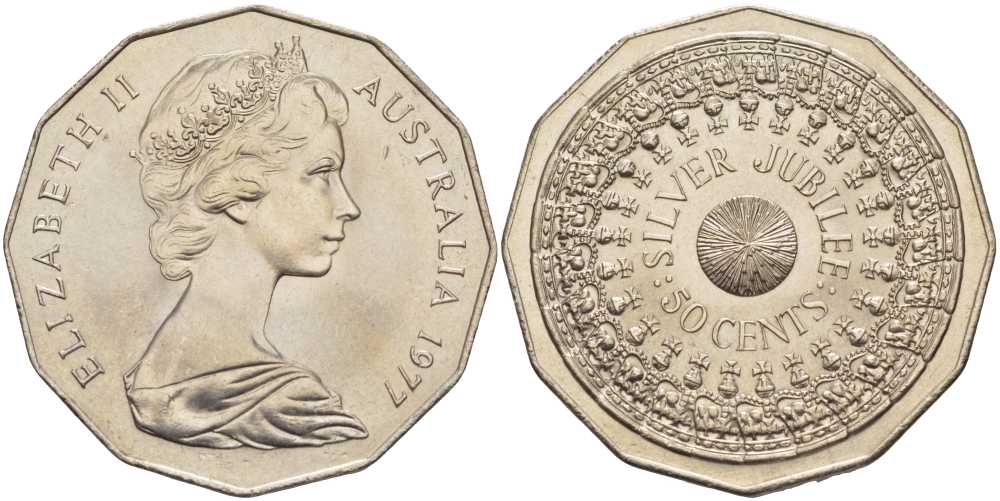 АВСТРАЛИЯ 50 ЦЕНТОВ 1977 СЕРЕБРЯННЫЙ ЮБИЛЕЙ КОРОЛЕВЫ, ЕЛИЗАВЕТА II, МОЛОДОЙ ПОРТРЕТ KM 70 медно-никель UNC 107-133