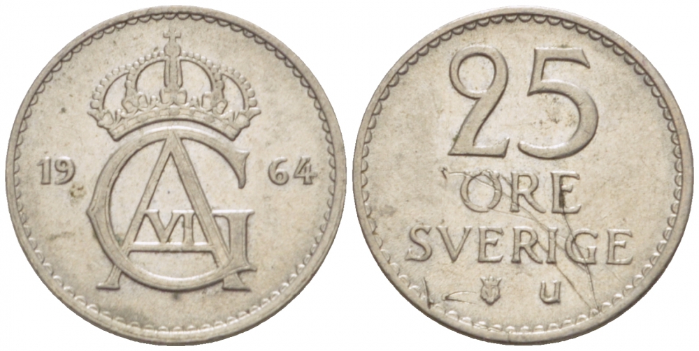 Швеция 25 эре 1964 U Густав VI Адольф (1950-1973) KM 836 медно-никель 3955-359