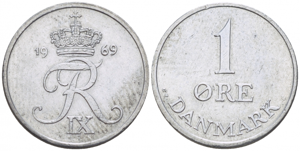 ДАНИЯ 1 ЭРЕ 1969 С; S, ФРЕДЕРИК IX (1947-1972) КМ 839.2 цинк 3309-114