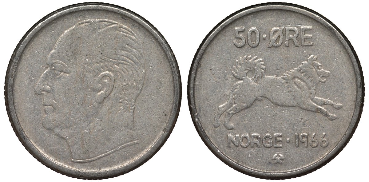 Норвегия 50 эре 1966 Улаф V (1957-1991), собака KM 408 медно-никель 4128-1133
