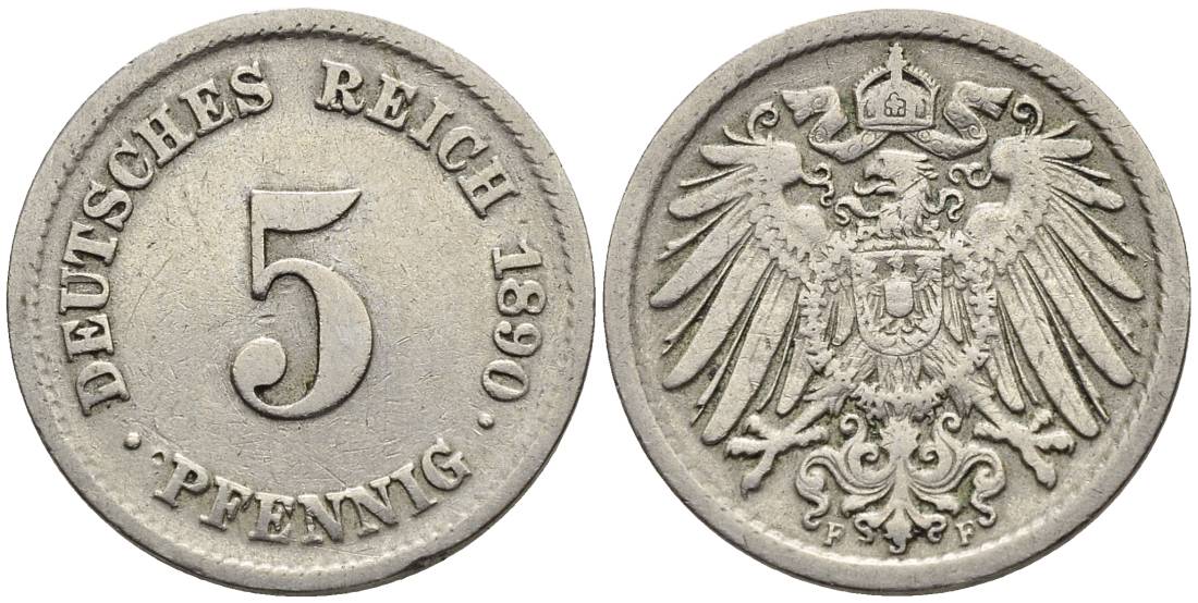 ГЕРМАНИЯ 5 ПФЕННИГОВ 1890 F KM 11, Jager 12, Weege 6 медно-никель 4547-322