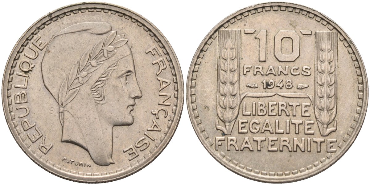 Франция 10 франков 1948 тип Пьер Турин KM 909.1, Le Franc 362.3 медно-никель 81-1131