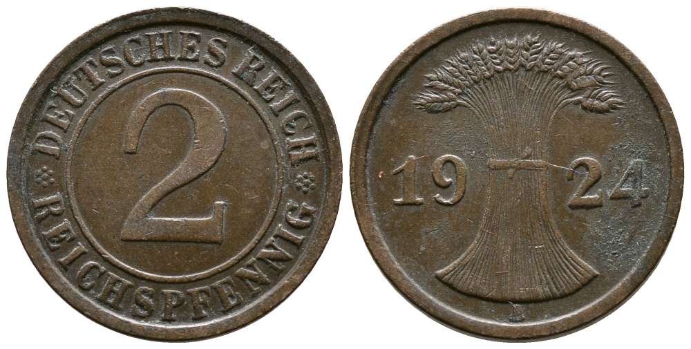 ГЕРМАНИЯ 2 РЕЙХСПФЕННИГА 1924 A KM 38, J. 314 бронза 93-1044