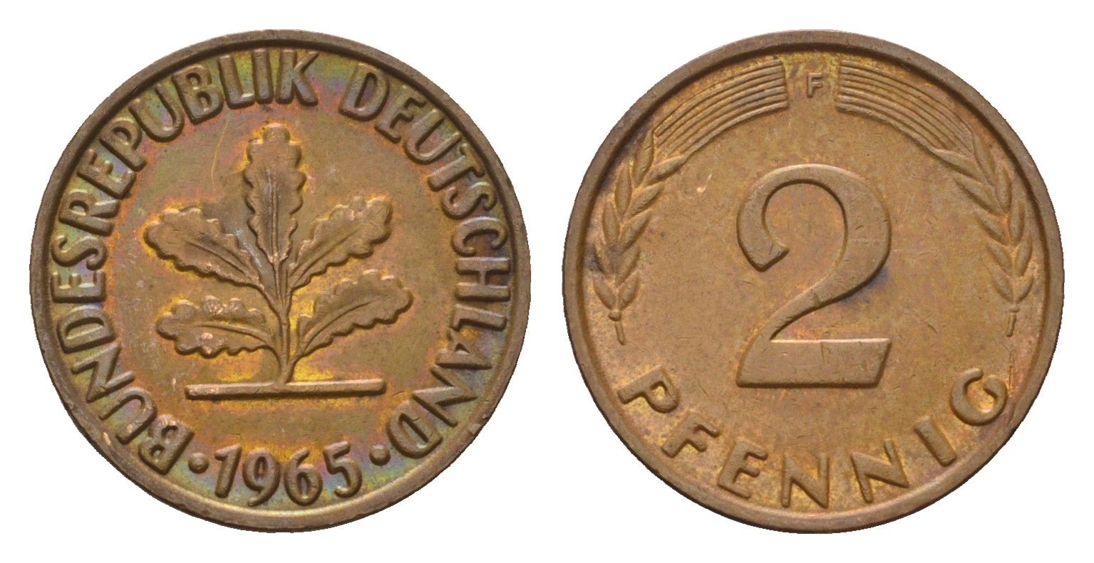 ФРГ 2 пфеннига 1965 F KM 106, J. 381 бронза 4147-962