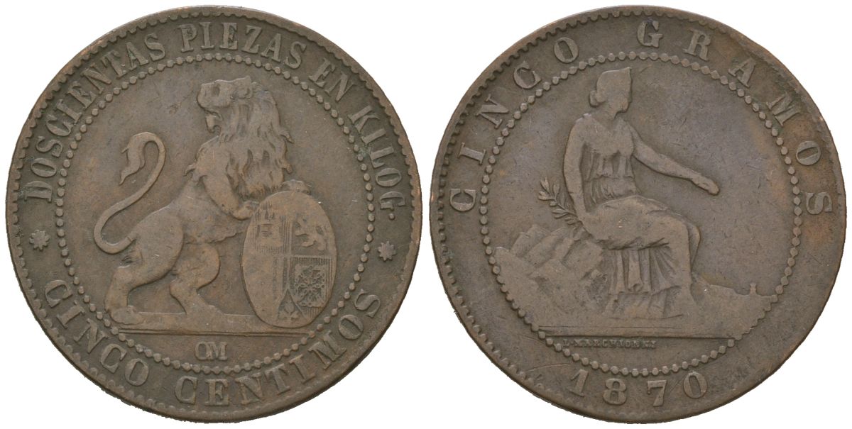 Испания 5 сентимо 1870 ОМ, лев со щитом KM 662 бронза 92-1034