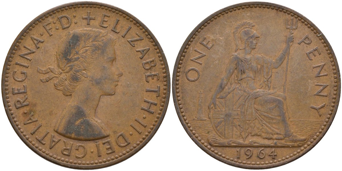 Великобритания 1 пенни 1964 Елизавета II (1952-2022) KM 897, Spink 4157 бронза 4144-931