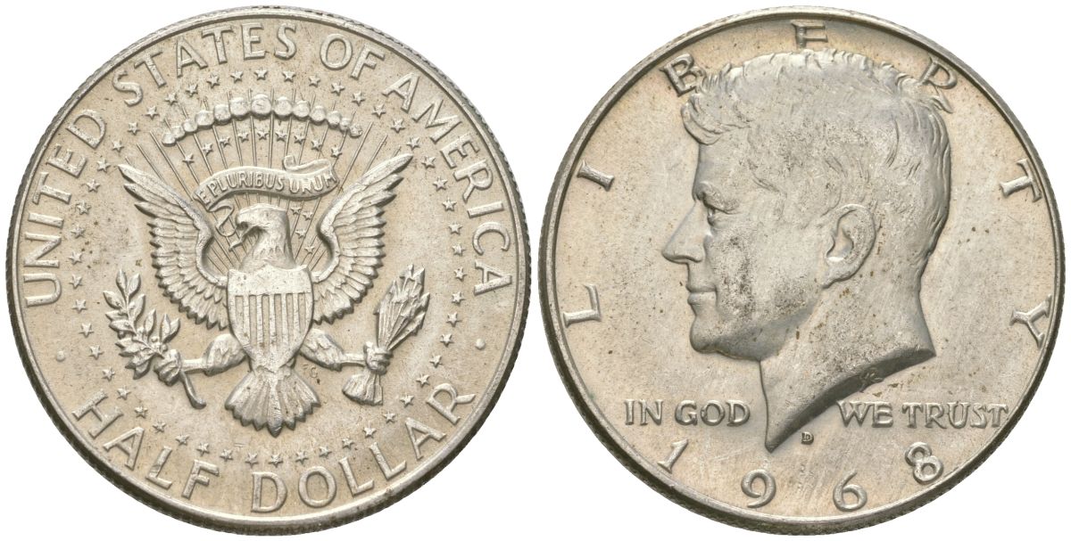 США 1/2 доллара (50 центов) 1968 D, Джон Кеннеди KM 202a серебро UNC 221-1024