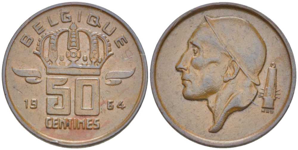 БЕЛЬГИЯ 50 САНТИМОВ 1964 BELGIQUE, БОДУЭН I (1951-1993) KM 148.1 бронза 214-451