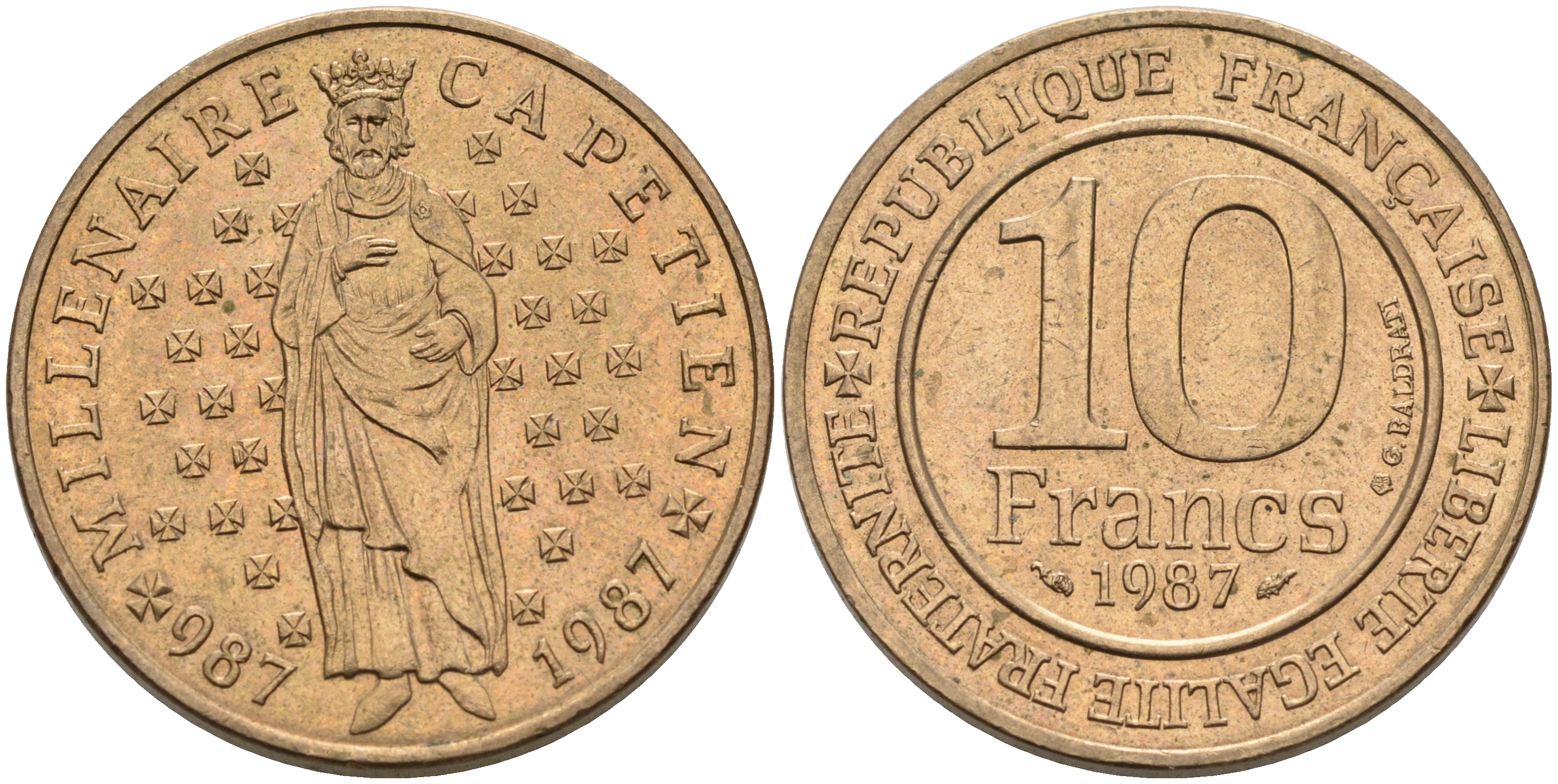 Франция 10 франков 1987 1000 лет первому королю Франции Гуго Капету KM 961 d, Le Franc 371.2 никелированная бронза 4589-713