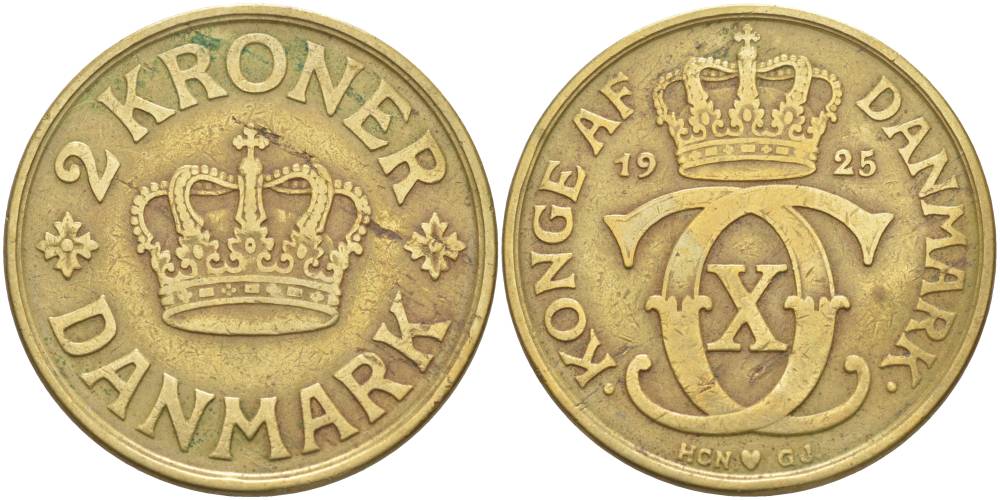ДАНИЯ 2 КРОНЫ 1925 HCN; GJ, КРИСТИАН IX (1912-1947) KM 825.1 алюминиевая бронза 4545-1221