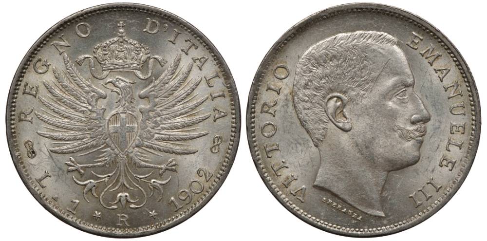 Италия 1 лира 1902 R, Виктор Эммануил III (1900-1948), Савойский орел (символ Рима) KM 32 серебро 00-820-47