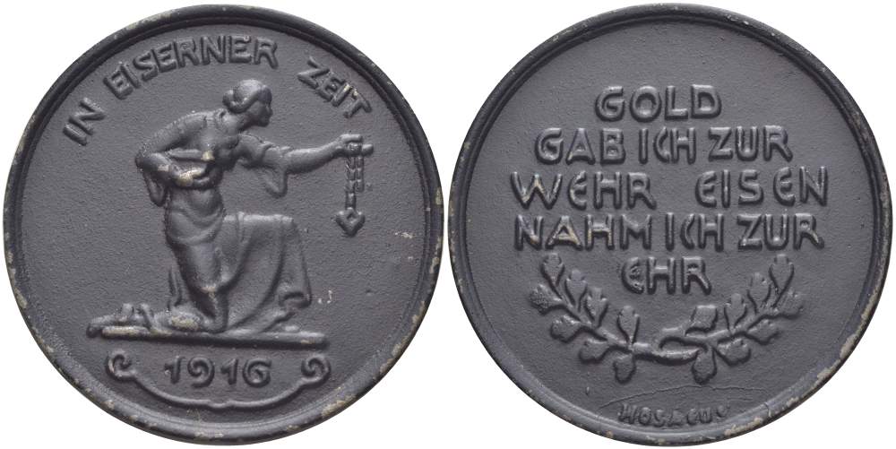 Германия медаль 1916 благотворительная медаль за сдачу золота для военных нужд армии, диаметр 39,5 мм.  железо    4527-522