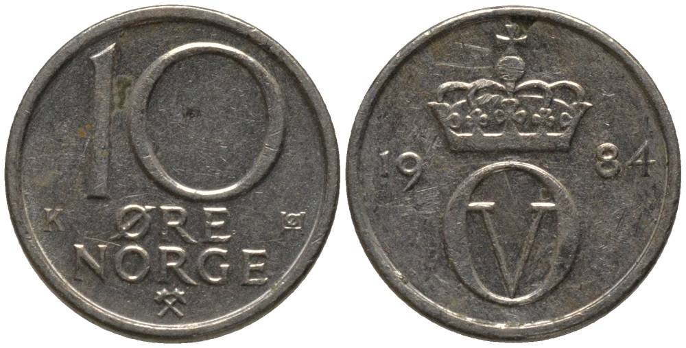 НОРВЕГИЯ 10 ЭРЕ 1984 УЛАФ V KM 416 медно-никель 218-235