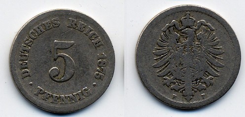 ГЕРМАНИЯ 5 ПФЕННИГОВ 1875 F, СТАРОГЕРБОВКА KM 3, J.3 медно-никель 46-431