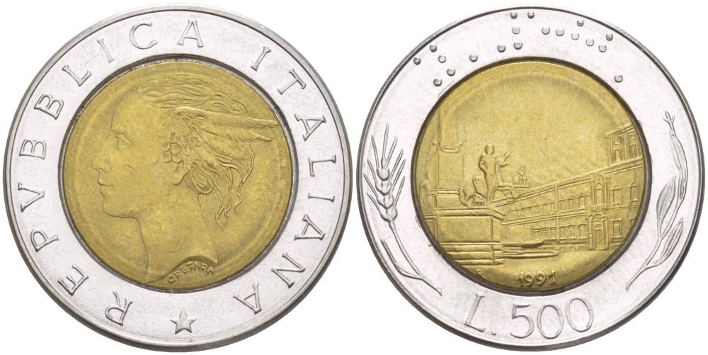 ИТАЛИЯ 500 ЛИР 1991 R, КРИВИНАЛЬСКИЙ ДВОРЕЦ В РИМЕ KM 111 биметалл 4551-551
