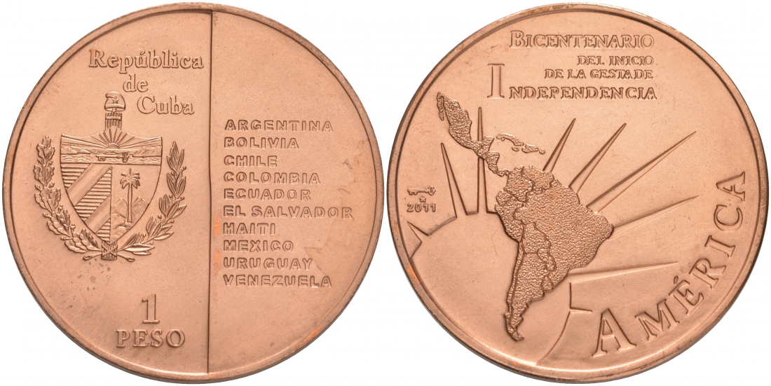 Куба 1 песо 2011 200 лет независимости Южной Америки КМ 955 медь UNC M29-5