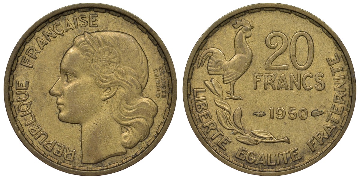 Франция 20 франков 1950 петух, полная надпись, 3 пера KM 916.1, Le Franc 401.2 алюминиевая бронза 4128-531