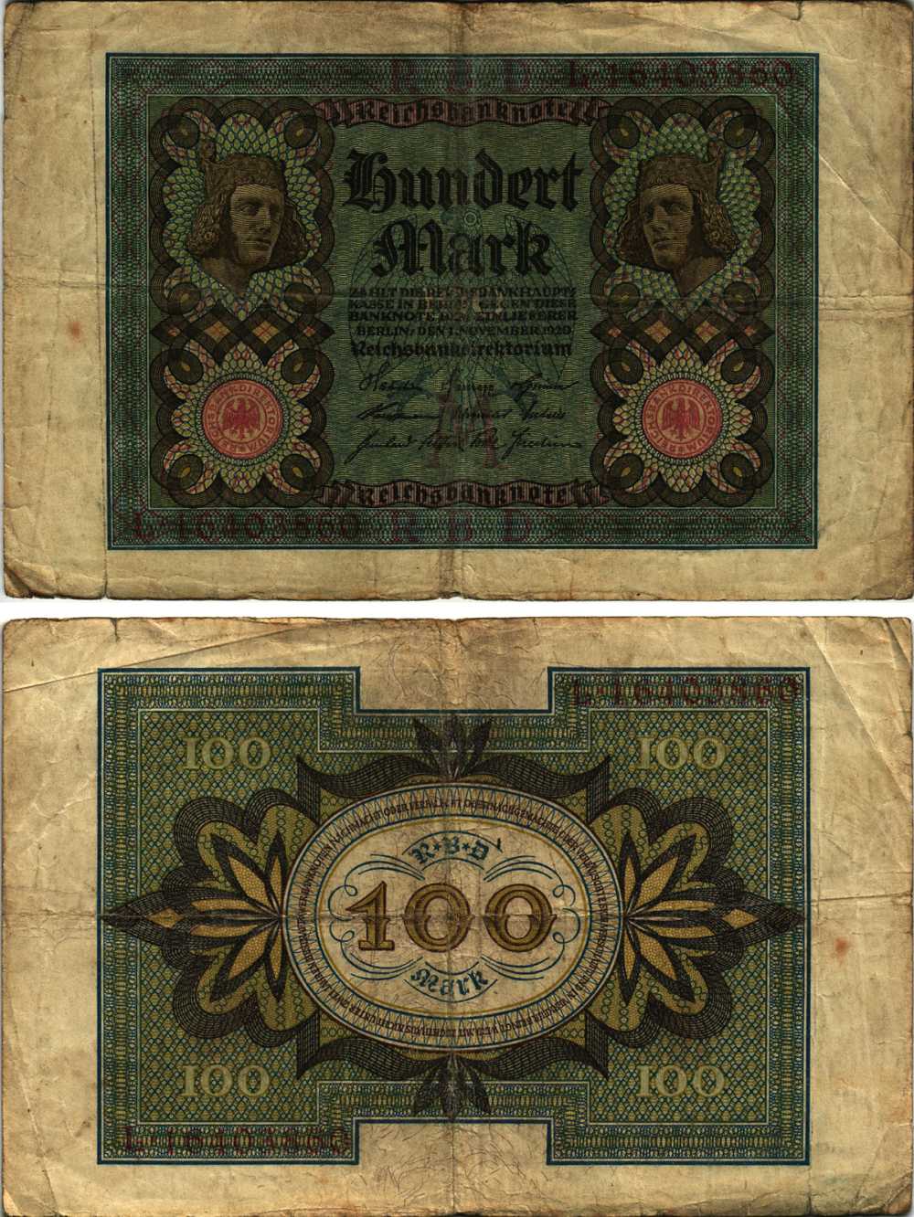 Германия 100 марок 1920 Бамбергский всадник, 8 цифр в номере, буква M Pick 69 b, Розенберг 69b бумага 8609-56-2