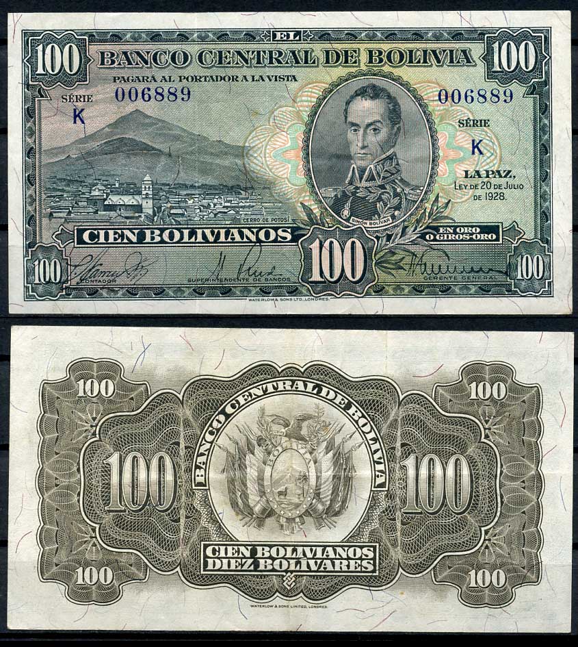 Боливия 100 боливиано 1928 серия K, Симон Боливар Pick 133 (2)  бумага   451-345-3
