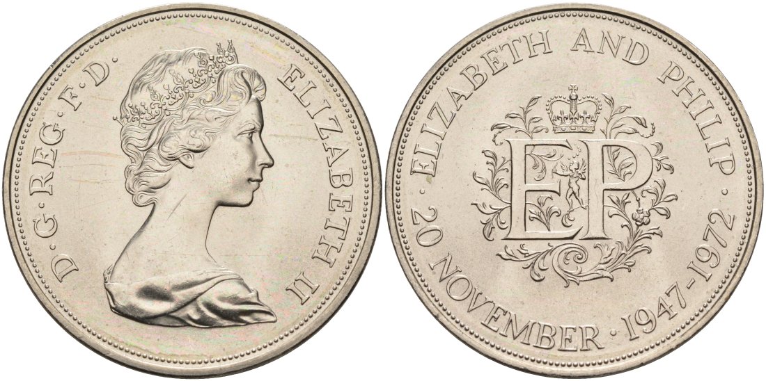 Великобритания 25 пенсов 1972 25 лет со дня свадьбы Елизавтеы II И Филлипа (1947-1972, серебрянная свадьба), Елизавета II (1952-2022) KM 917, Spink 4226 медно-никель UNC 118-511